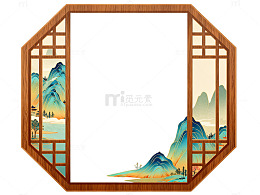 古风山水窗框装饰画