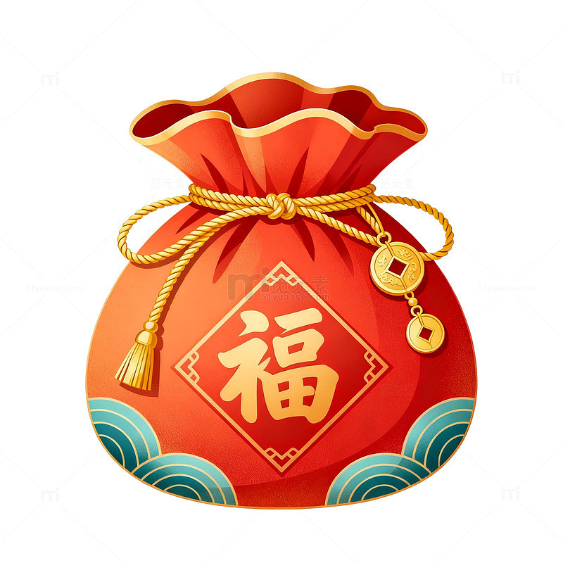 中国风红色福袋金币装饰元素