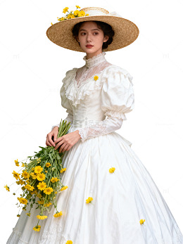 复古风白色长裙蕾丝帽捧花女写真