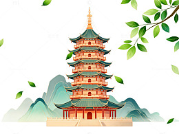 中国风古建筑山水画设计图