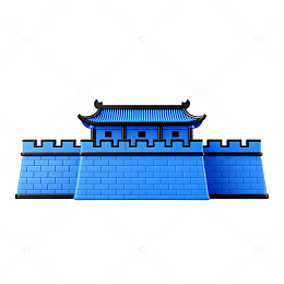 蓝色城墙古建筑矢量插画