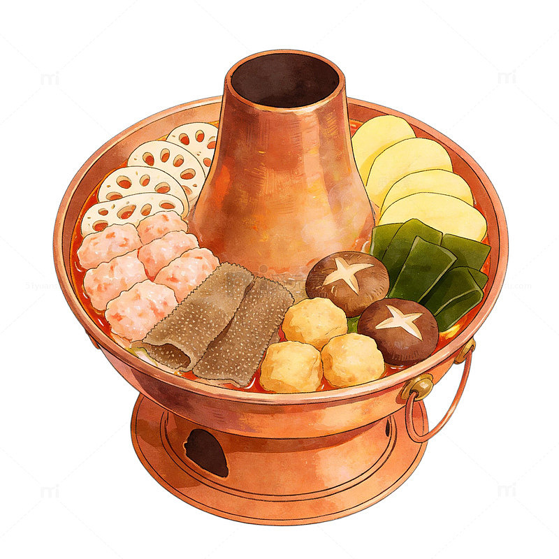 老式炭烧铜火锅美食插画-23