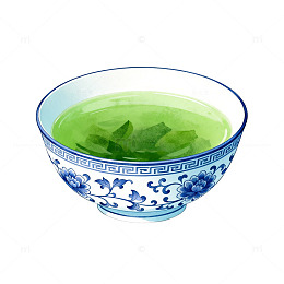 青花瓷碗绿色饮品插画