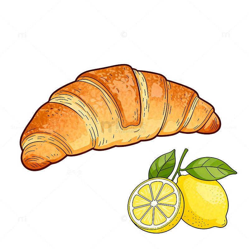 手绘柠檬牛角面包插画素材