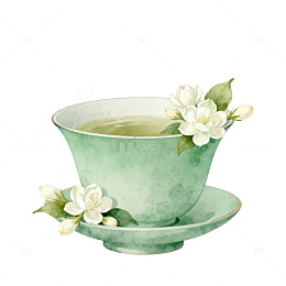 水彩淡雅茶杯与茉莉花插图