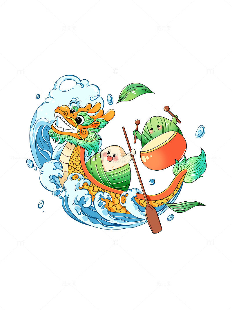 端午节卡通龙舟粽子波浪海浪插画设计元素