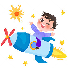 太空宇宙探索坐火箭飞船小男孩儿童卡通插画