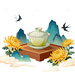 中国风茶杯山水画素材
