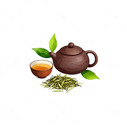手绘茶叶茶具插画素材