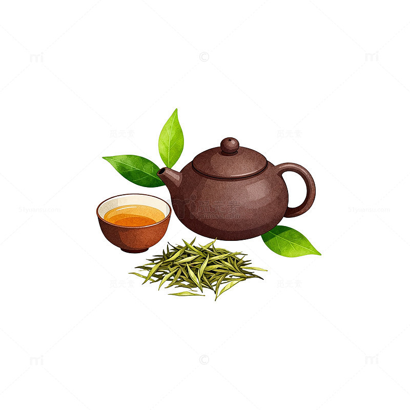 手绘茶叶茶具插画素材