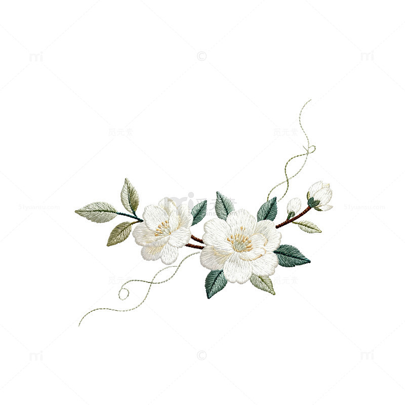 刺绣风格白色花朵装饰图案