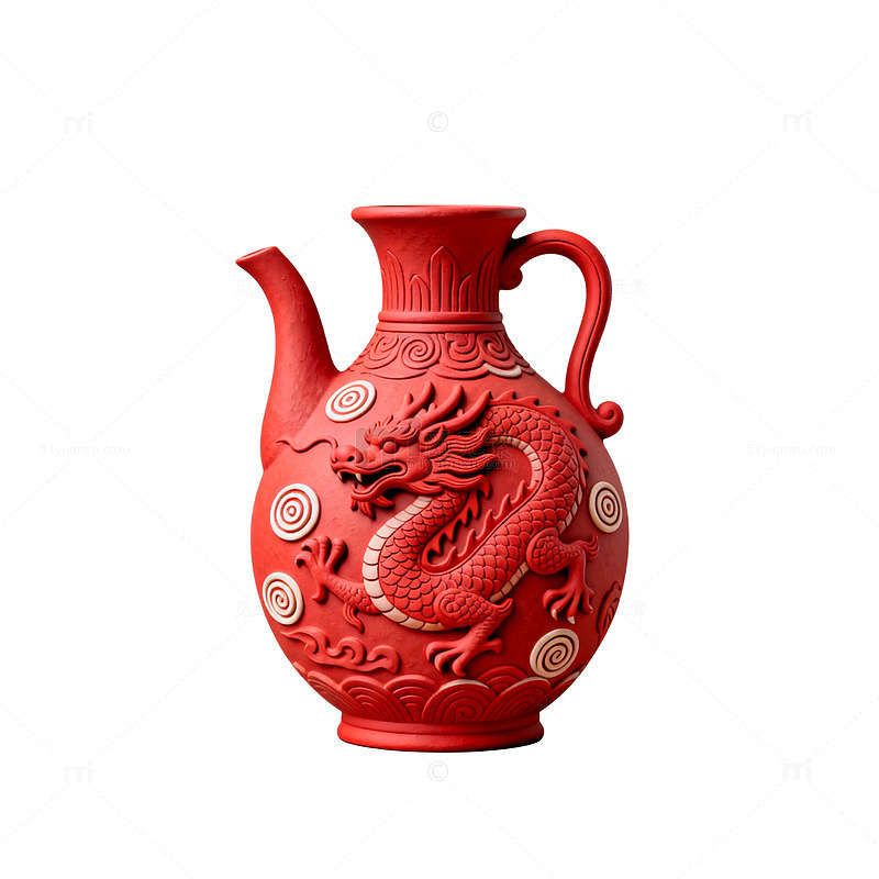 红色陶瓷龙纹水壶艺术品