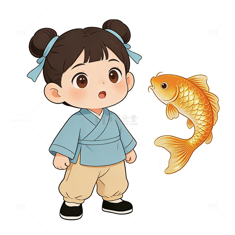 卡通儿童与金鱼插画