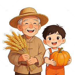 卡通农民与孩童南瓜插画