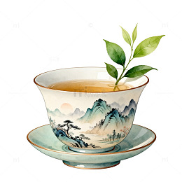 水墨山水画茶杯插画素材
