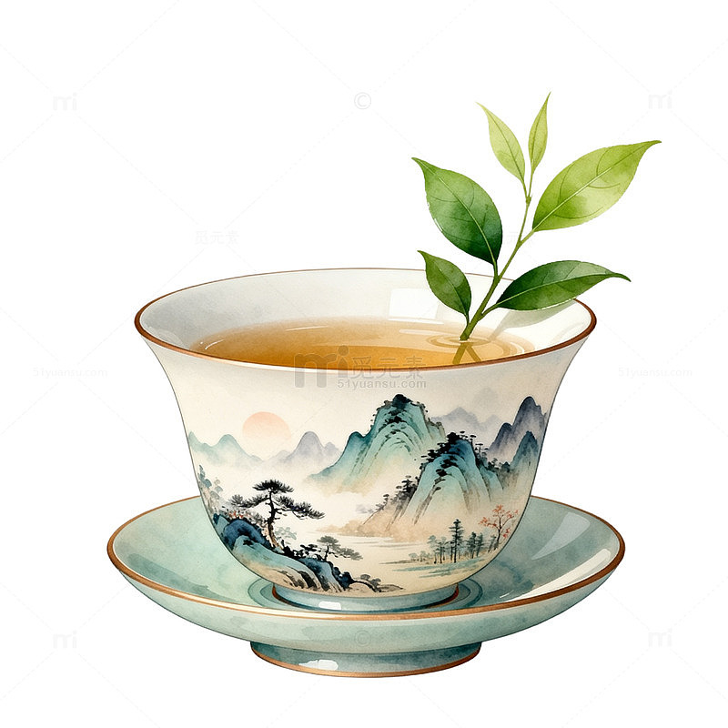 水墨山水画茶杯插画素材