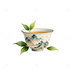 山水茶杯中国风手绘插画素材