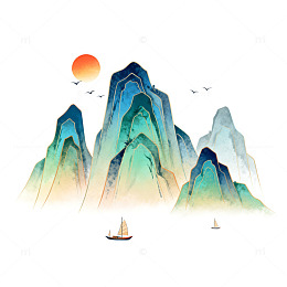 山水水墨画古风山水画矢量图