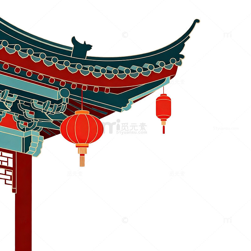 中国风古建筑灯笼插画