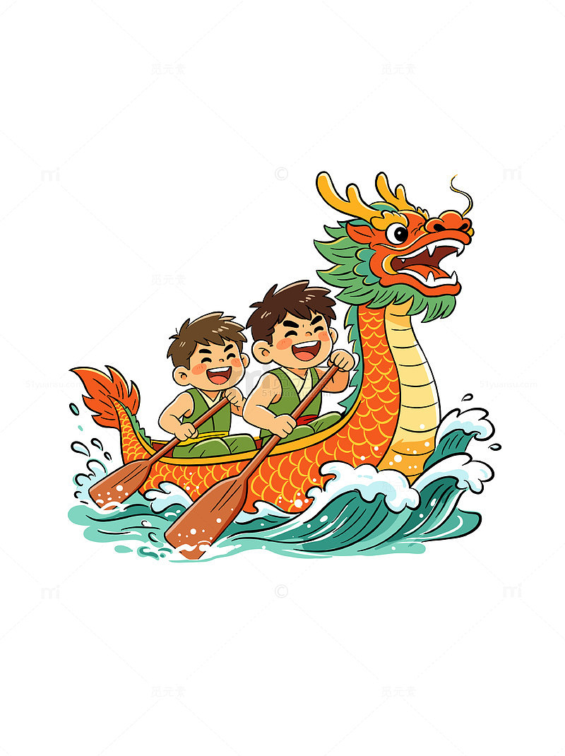 端午节卡通划龙舟竞赛浪花插画元素