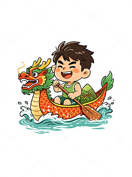 端午节卡通男孩划龙舟赛水浪粽子插画素材