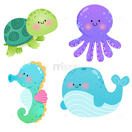 海洋动物海龟章鱼海马鲸鱼儿童教育卡片