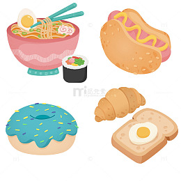 热狗寿司甜甜圈牛角包面包煎蛋可爱美食插画