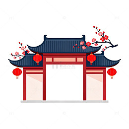 中国风传统建筑灯笼梅花图