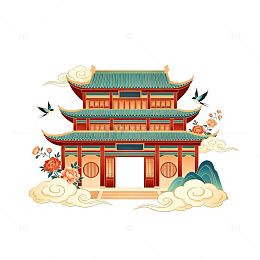 传统中国风古建筑插画
