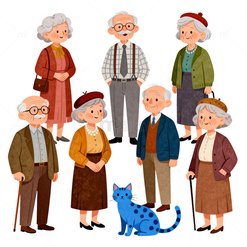 温馨卡通老年人聚会插画