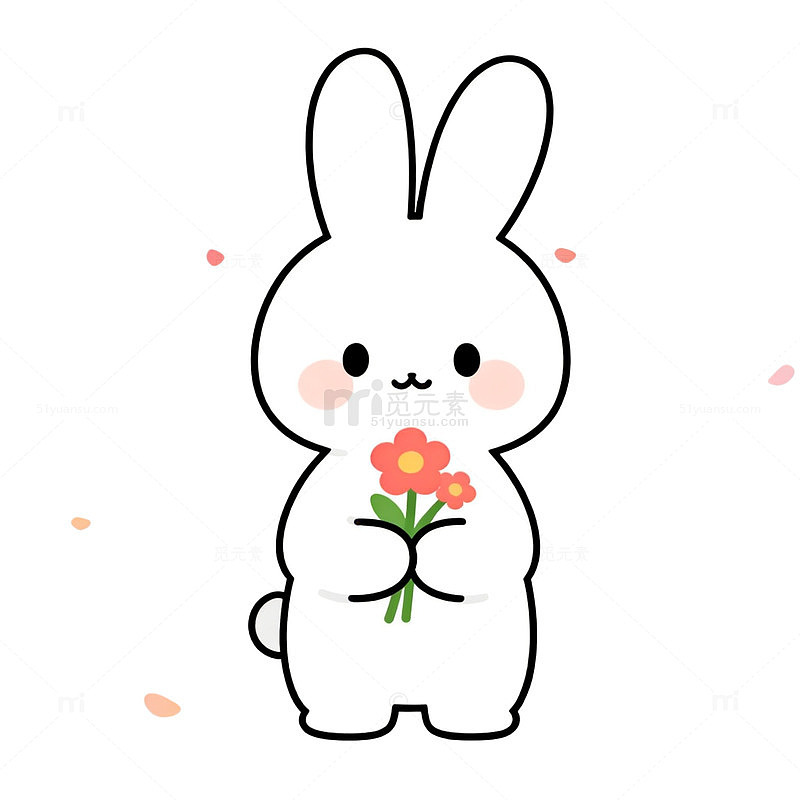 可爱卡通白兔手持鲜花插画