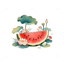 夏日荷花西瓜水墨画
