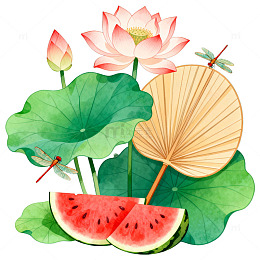 水彩荷花西瓜夏日清凉图