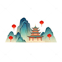 中国风山水建筑灯笼插画
