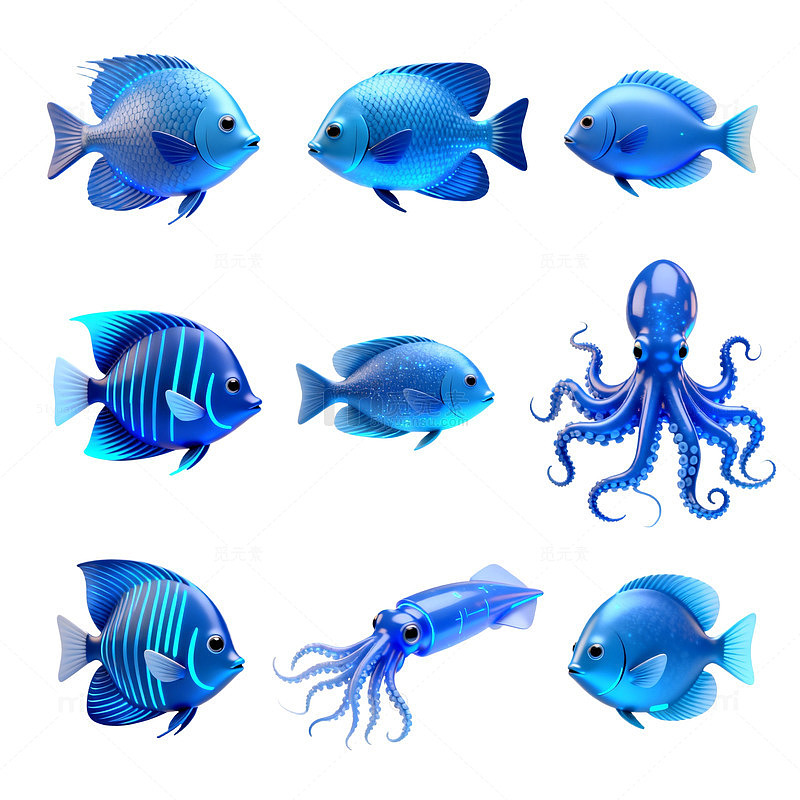 蓝色海洋动物插画集合