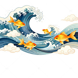 东方海浪金鱼艺术插画