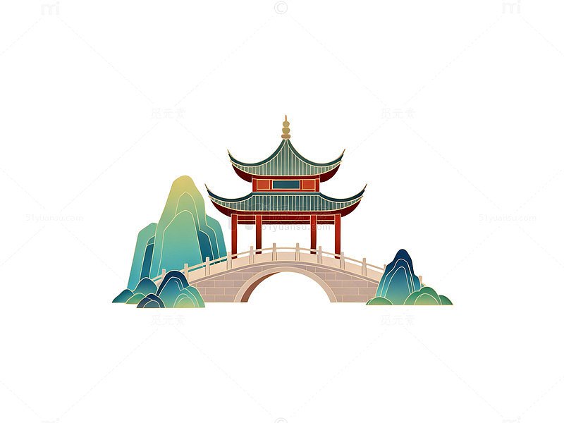古风亭桥山水画矢量图设计素材