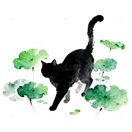 水墨画黑猫荷叶艺术插画