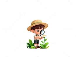 卡通小男孩放大镜探索植物