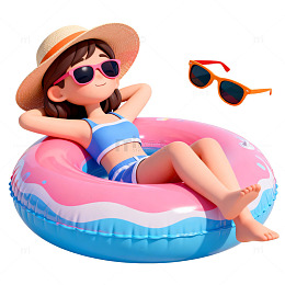 夏日女孩泳圈度假插画