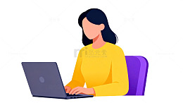 简约职场女性使用笔记本电脑插画