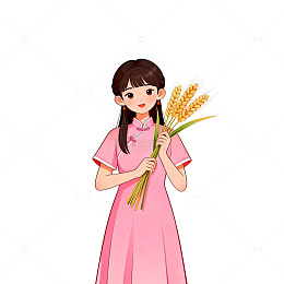 卡通女孩稻田丰收插画