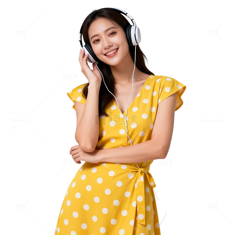 波点黄裙听音乐女性写真