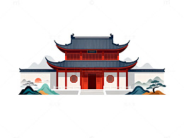 东方建筑插画山水风景