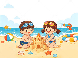 沙滩小孩卡通插画