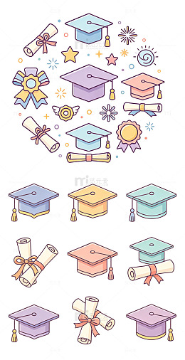 学士帽、卷边毕业证书、简约