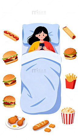卡通人物床上玩手机美食插画