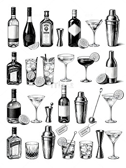 黑白插画酒瓶酒杯设计素材