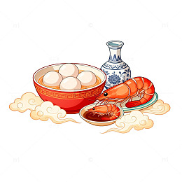 中国风美食插画汤圆大虾设计素材
