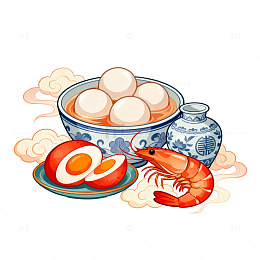 中国风美食插画汤圆虾蛋设计素材
